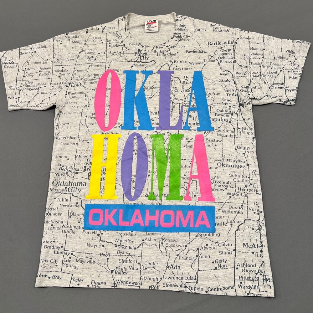 Vintage 90s Oklahoma All Over Print Map T-Shirt Neon Anvil USA Made Medium